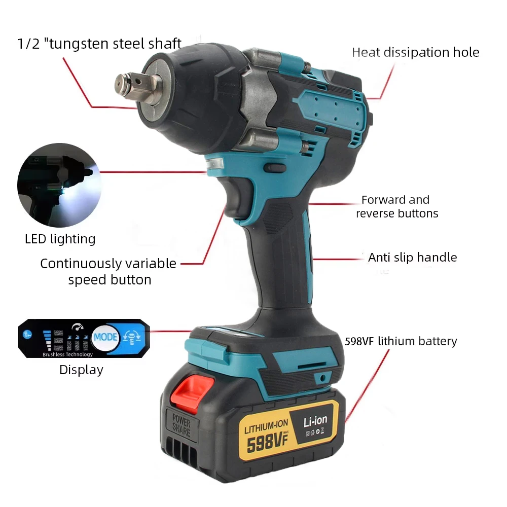 1/2 inch Brushless Electric Wrench 1800N.M Cordless Impact Wrench Screwdriver Power Tool for Makita 18V Battery Pin
