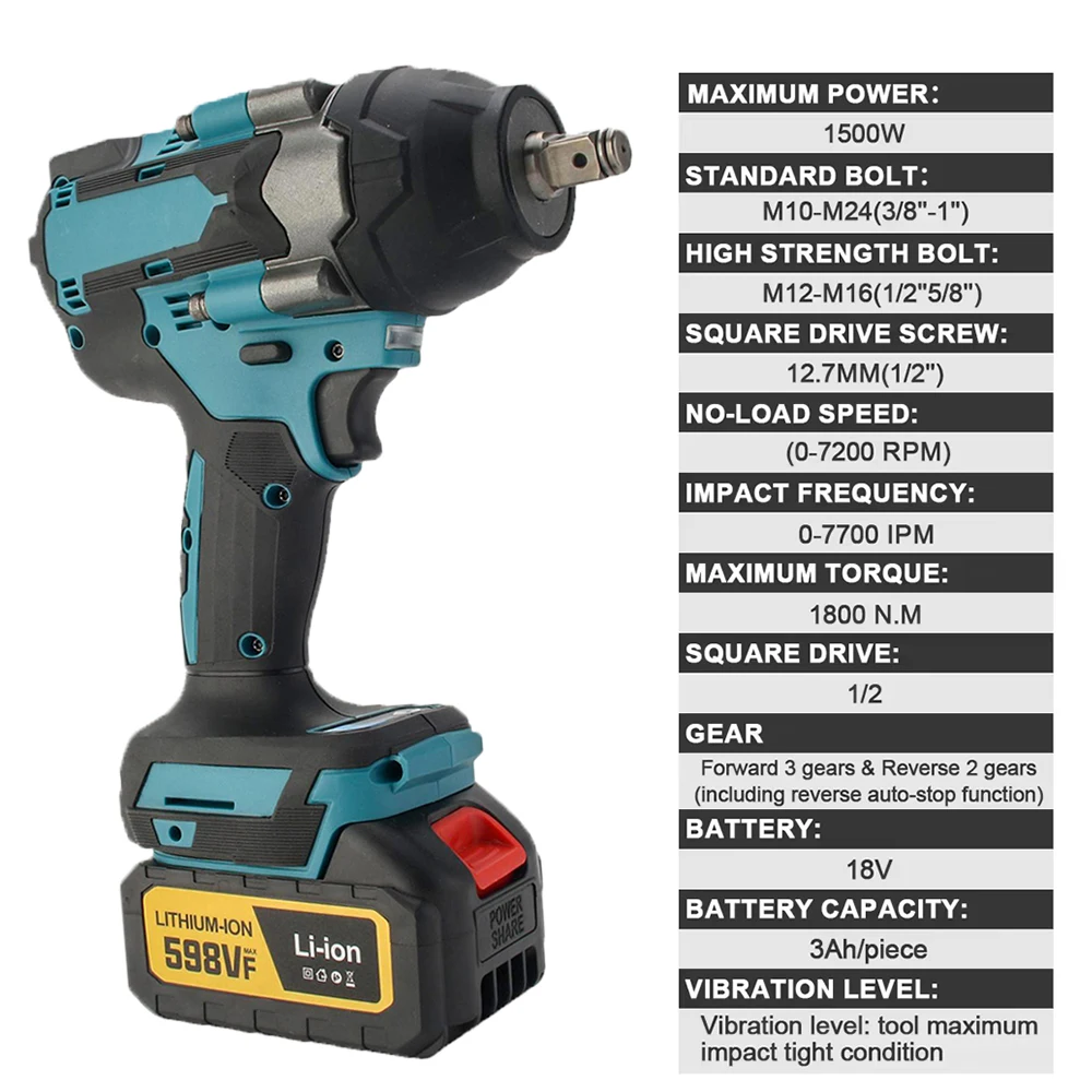 1/2 inch Brushless Electric Wrench 1800N.M Cordless Impact Wrench Screwdriver Power Tool for Makita 18V Battery Pin