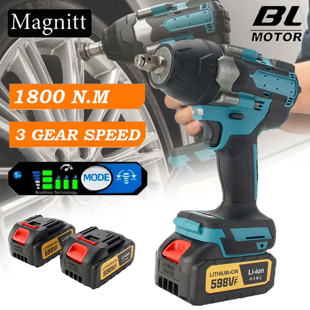1/2 inch Brushless Electric Wrench 1800N.M Cordless Impact Wrench Screwdriver Power Tool for Makita 18V Battery Pin