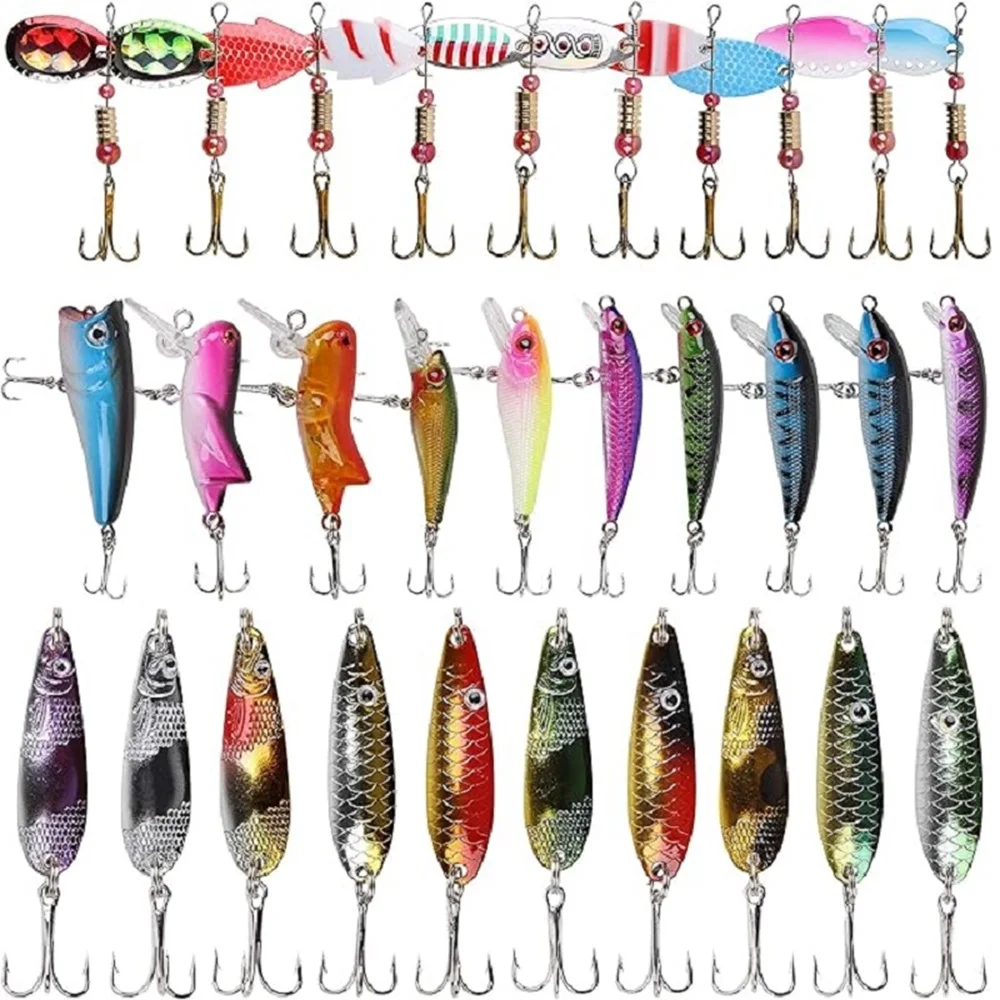 30pcs Spoon Spinner Hard Bait Fishing Lures Metal Minnow Popper Cicada Plastic