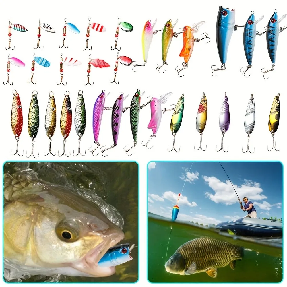 30pcs Spoon Spinner Hard Bait Fishing Lures Metal Minnow Popper Cicada Plastic