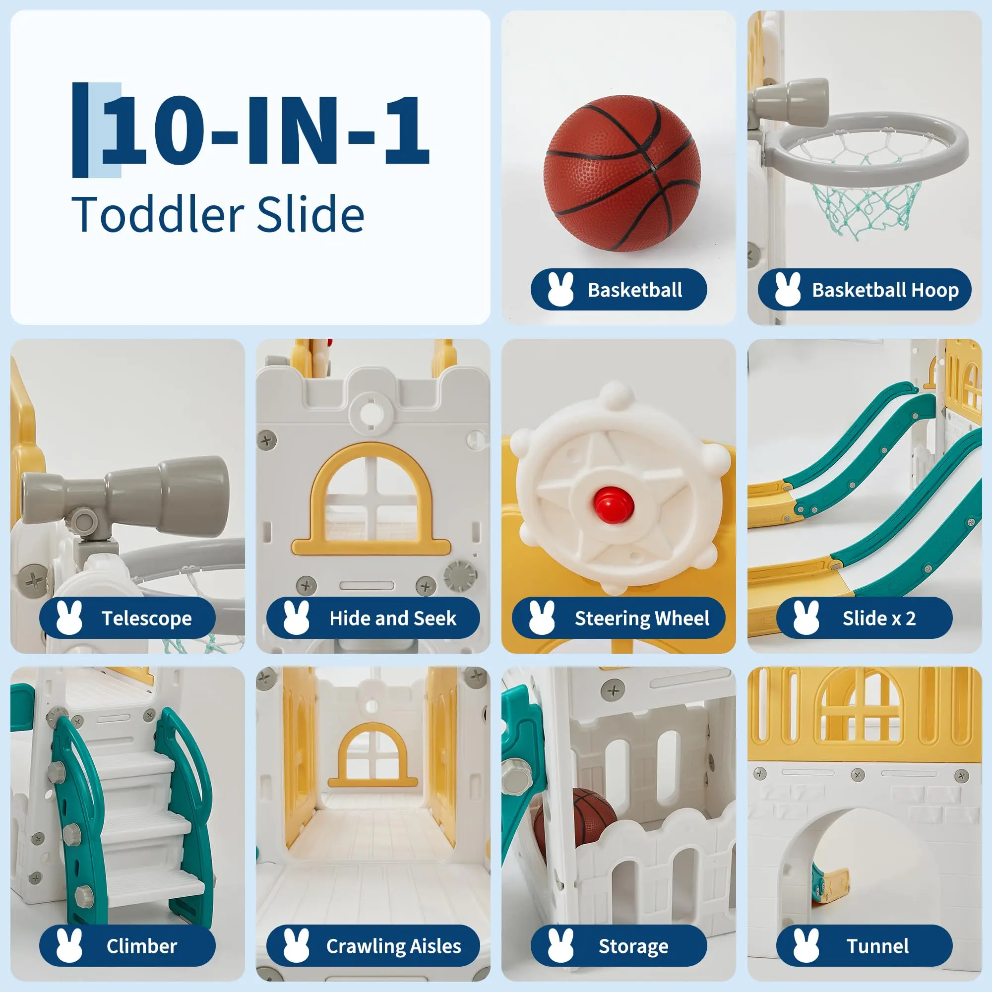 10-in-1 Double Toddler Slide Indoor Outdoor Playset, Freestanding Dual Kids Climber With 65in Slide For Backyard Playroom Ages 1-3
