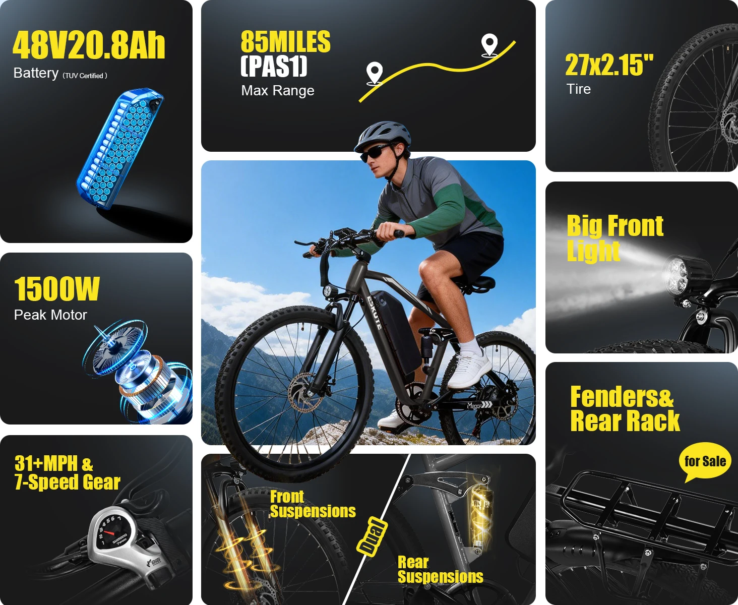 ESKUTE M200F Electric Bike for Adults – 27.5 inch Tire Mountain E-Bike, Brushless Motor, 48V 20.8Ah Removable Battery, Up to 80 Miles, Step Over Commuter E-MTB, Full Suspensions