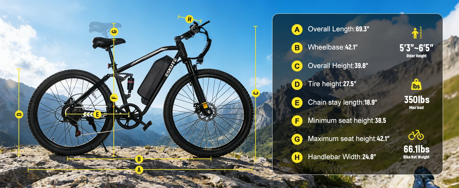 ESKUTE M200F Electric Bike for Adults – 27.5 inch Tire Mountain E-Bike, Brushless Motor, 48V 20.8Ah Removable Battery, Up to 80 Miles, Step Over Commuter E-MTB, Full Suspensions