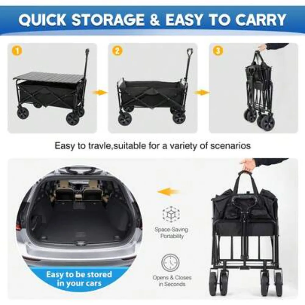 Garden Cart Folding Wagon Collapsible Heavy Duty Utility Cart with Foldable Table Board and Cup Holder 4 Universal Swivel Wheels Adjustable Handle 150 LB Load Capacity for Camping Picnic Beach Outdoor Events Gardening Hauling Shopping Storage Travel