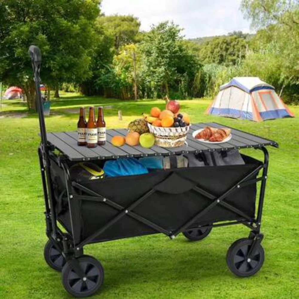 Garden Cart Folding Wagon Collapsible Heavy Duty Utility Cart with Foldable Table Board and Cup Holder 4 Universal Swivel Wheels Adjustable Handle 150 LB Load Capacity for Camping Picnic Beach Outdoor Events Gardening Hauling Shopping Storage Travel