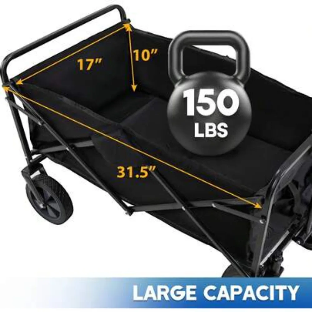 Garden Cart Folding Wagon Collapsible Heavy Duty Utility Cart with Foldable Table Board and Cup Holder 4 Universal Swivel Wheels Adjustable Handle 150 LB Load Capacity for Camping Picnic Beach Outdoor Events Gardening Hauling Shopping Storage Travel