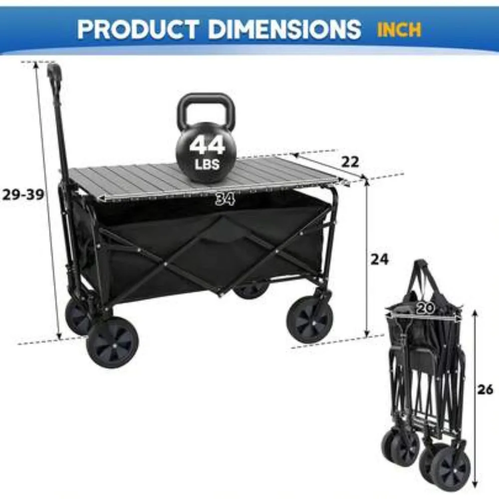 Garden Cart Folding Wagon Collapsible Heavy Duty Utility Cart with Foldable Table Board and Cup Holder 4 Universal Swivel Wheels Adjustable Handle 150 LB Load Capacity for Camping Picnic Beach Outdoor Events Gardening Hauling Shopping Storage Travel