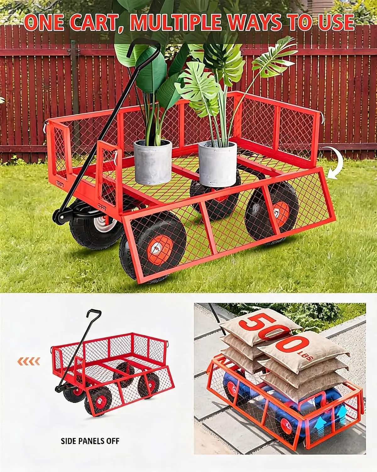 Heavy Duty Steel Garden Wagon Cart 500 LBS Capacity 2-in-1 Handle with Removable Sides, 180° Flexible Handle, 10" Tires for Yard, Lawn, Garden, farms, warehouses