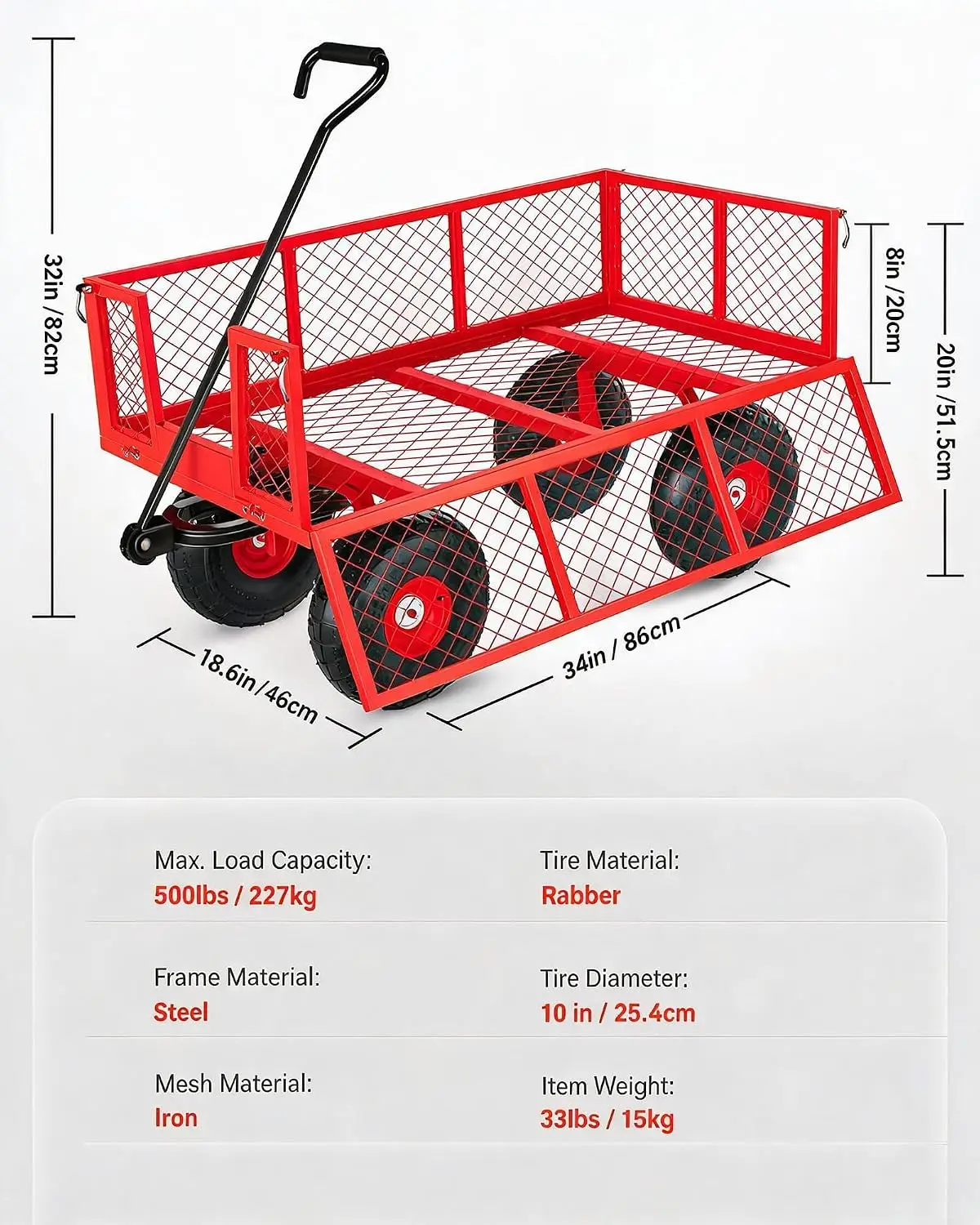 Heavy Duty Steel Garden Wagon Cart 500 LBS Capacity 2-in-1 Handle with Removable Sides, 180° Flexible Handle, 10" Tires for Yard, Lawn, Garden, farms, warehouses