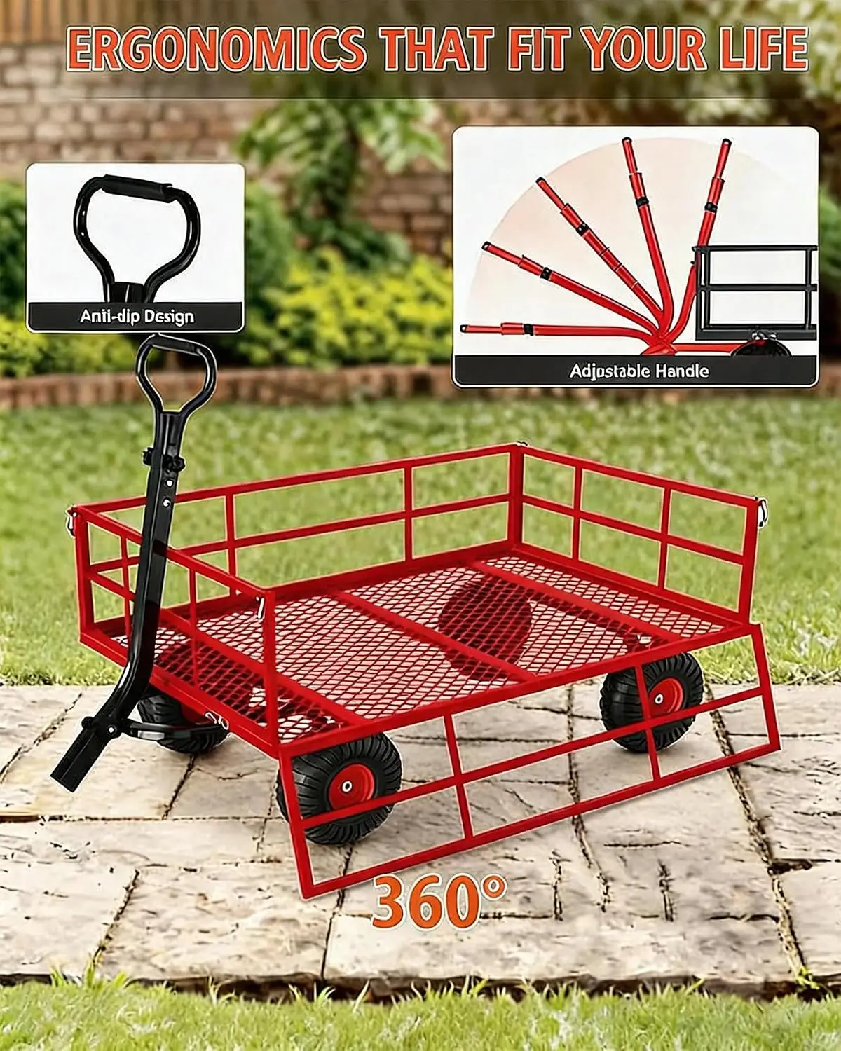Heavy Duty Steel Garden Wagon Cart 500 LBS Capacity 2-in-1 Handle with Removable Sides, 180° Flexible Handle, 10" Tires for Yard, Lawn, Garden, farms, warehouses