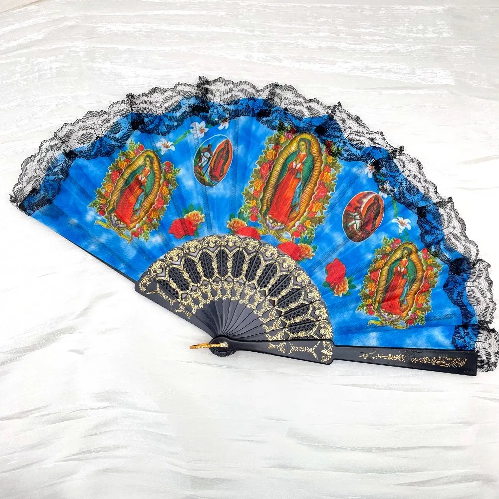12 Pcs Our Lady of Guadalupe Hand Held Folding Fans with Plastic Frame Spanish Vintage Retro Style For Baptism First Communion Christening Religious Gift Wedding Birthday Party Favor