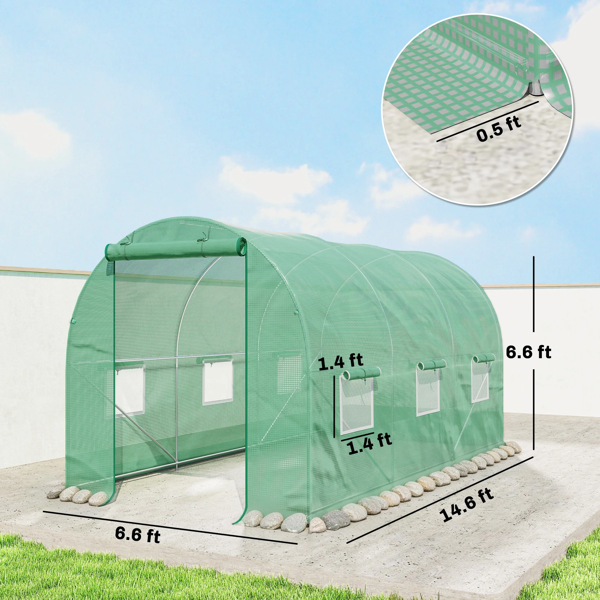 Walk-In Tunnel Greenhouse with Roll-Up Front Door and Six-Sided Windows