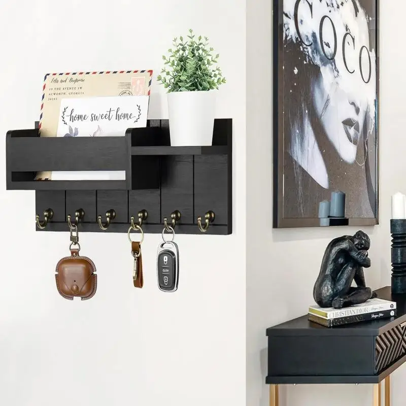 Wooden Wall Mounted Key Holder with 6 Hooks Storage Shelf Multifunctional Mail Sorter Entryway Organizer Rack Decorative Key Hanger for Hallway Door Living Room Space Saving Home Decor Accessories