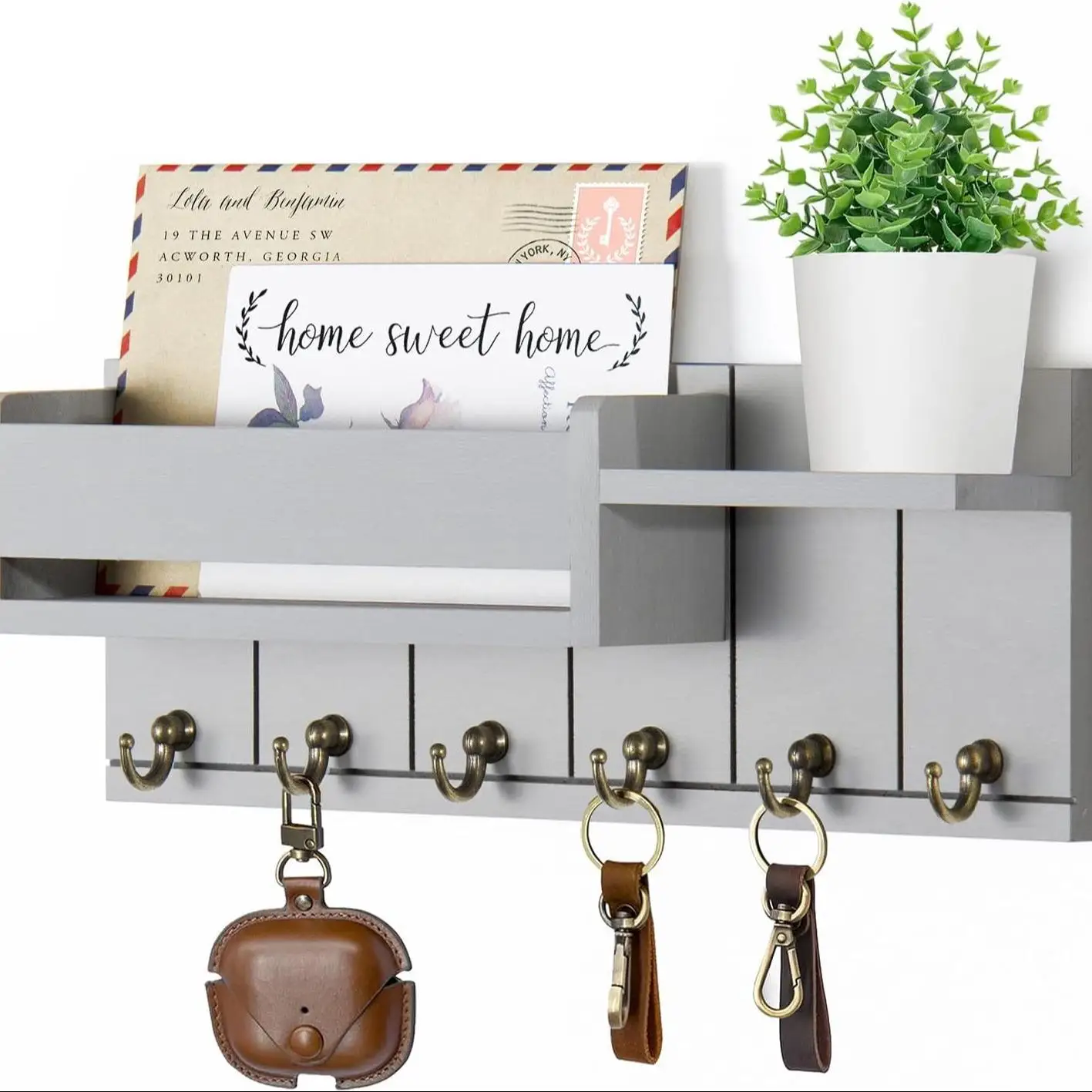 Wooden Wall Mounted Key Holder with 6 Hooks Storage Shelf Multifunctional Mail Sorter Entryway Organizer Rack Decorative Key Hanger for Hallway Door Living Room Space Saving Home Decor Accessories