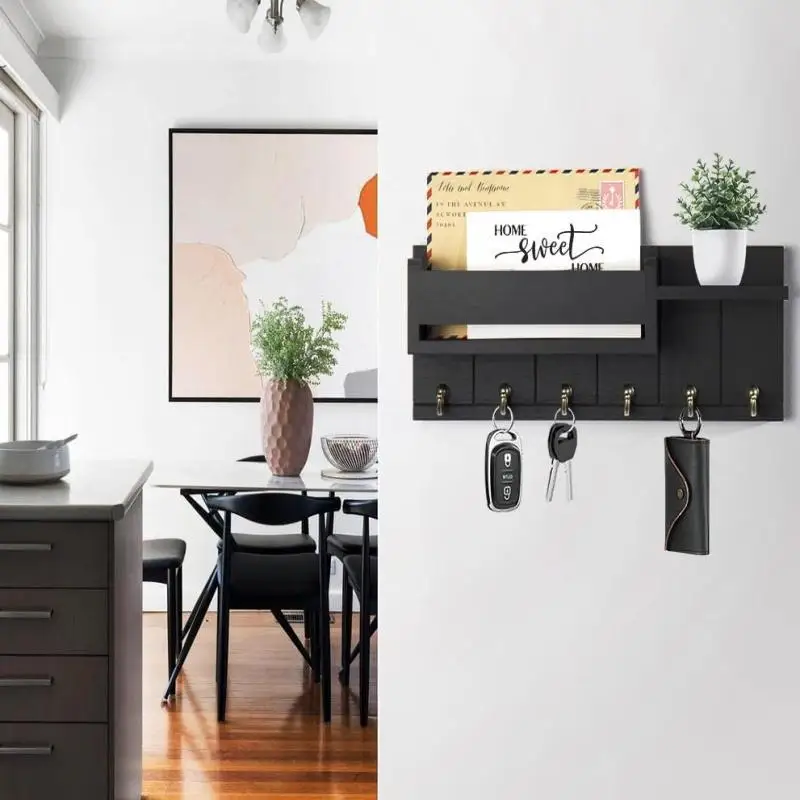 Wooden Wall Mounted Key Holder with 6 Hooks Storage Shelf Multifunctional Mail Sorter Entryway Organizer Rack Decorative Key Hanger for Hallway Door Living Room Space Saving Home Decor Accessories