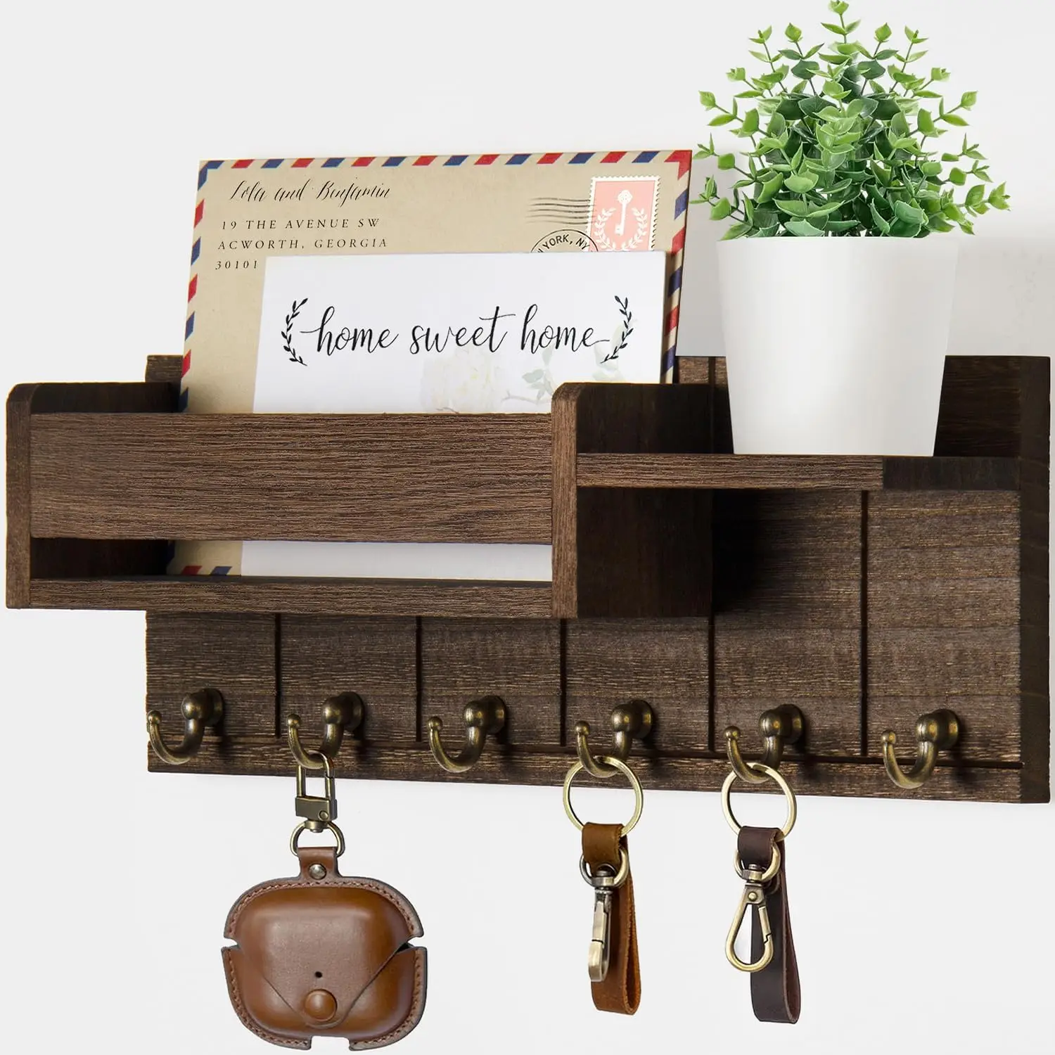 Wooden Wall Mounted Key Holder with 6 Hooks Storage Shelf Multifunctional Mail Sorter Entryway Organizer Rack Decorative Key Hanger for Hallway Door Living Room Space Saving Home Decor Accessories