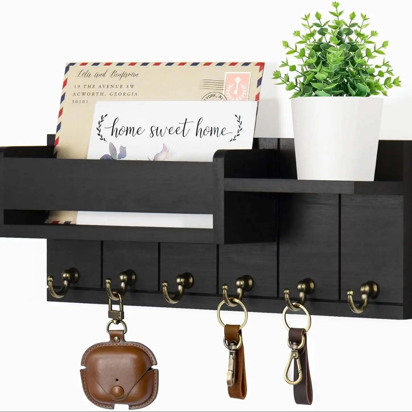 Wooden Wall Mounted Key Holder with 6 Hooks Storage Shelf Multifunctional Mail Sorter Entryway Organizer Rack Decorative Key Hanger for Hallway Door Living Room Space Saving Home Decor Accessories