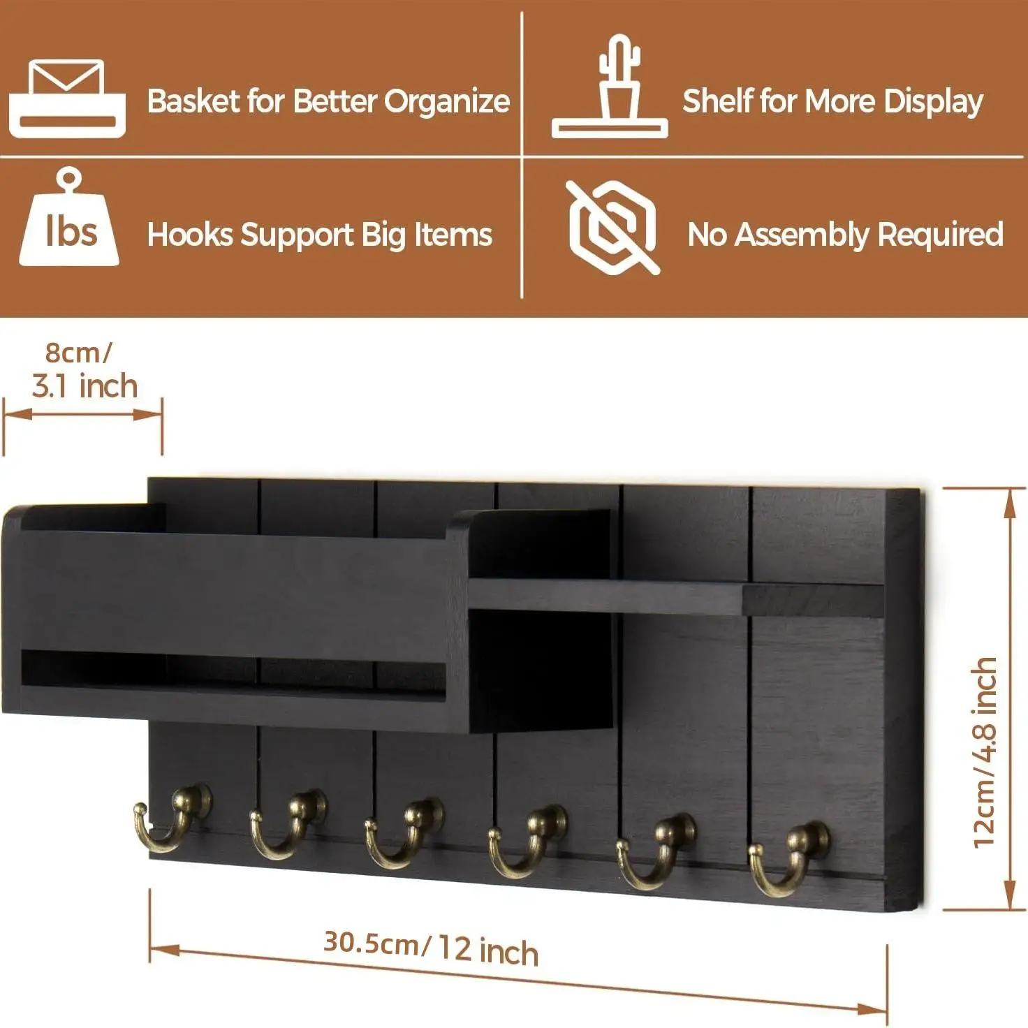 Wooden Wall Mounted Key Holder with 6 Hooks Storage Shelf Multifunctional Mail Sorter Entryway Organizer Rack Decorative Key Hanger for Hallway Door Living Room Space Saving Home Decor Accessories