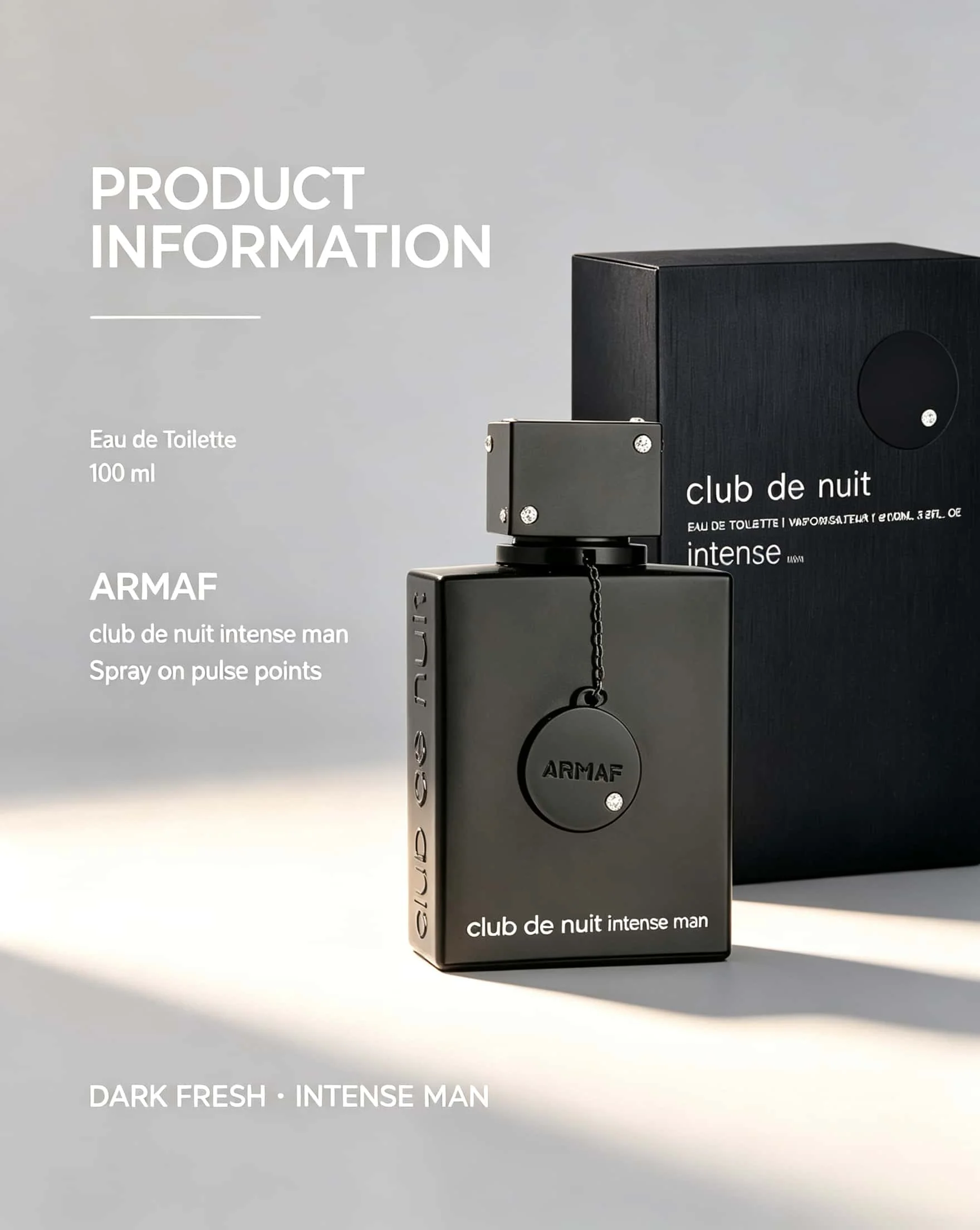 Armaf Club De Nuit Intense Man EDT 100ml Men Perfume, Matte Black Square Textured Bottle With Chain Pendant Ornament, Black Gift Box, Woody Fruity Musky Long‑Lasting Eau De Toilette Spray For Men Dating Party Gift