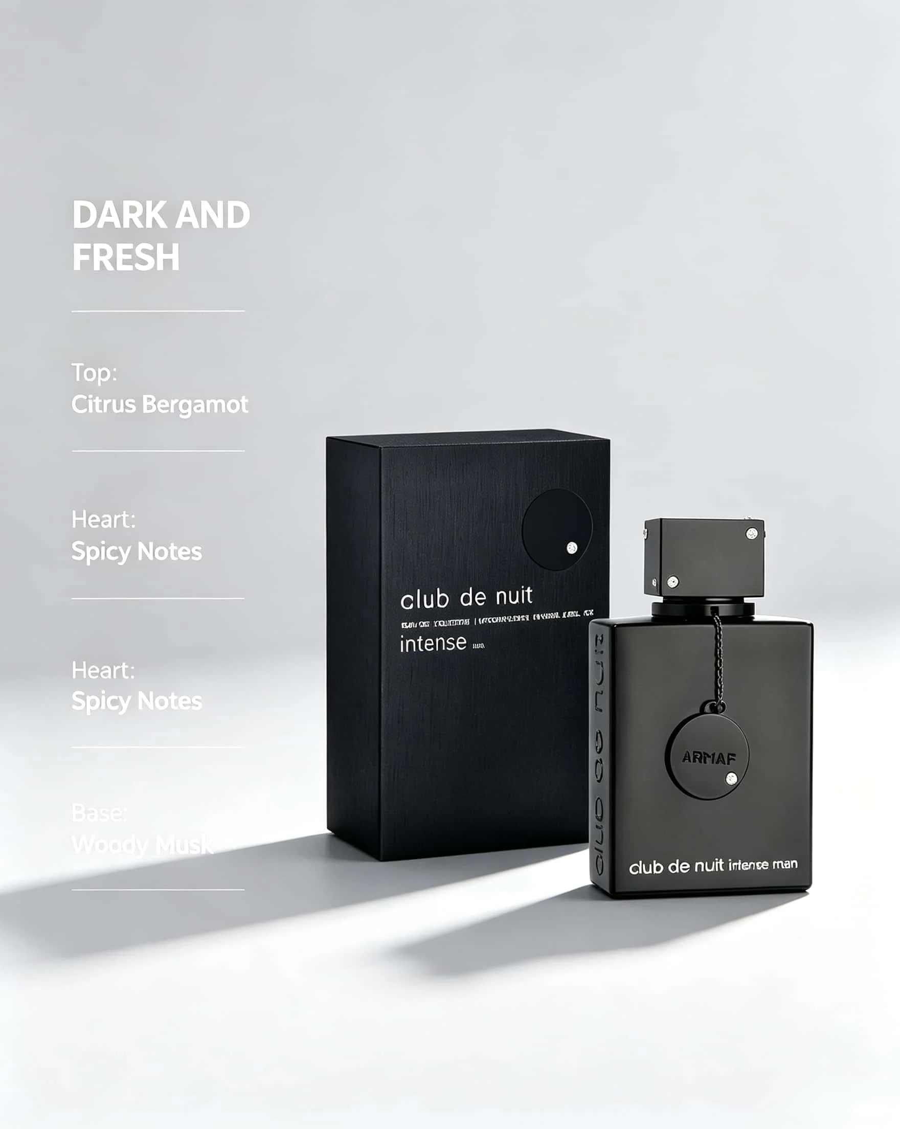 Armaf Club De Nuit Intense Man EDT 100ml Men Perfume, Matte Black Square Textured Bottle With Chain Pendant Ornament, Black Gift Box, Woody Fruity Musky Long‑Lasting Eau De Toilette Spray For Men Dating Party Gift