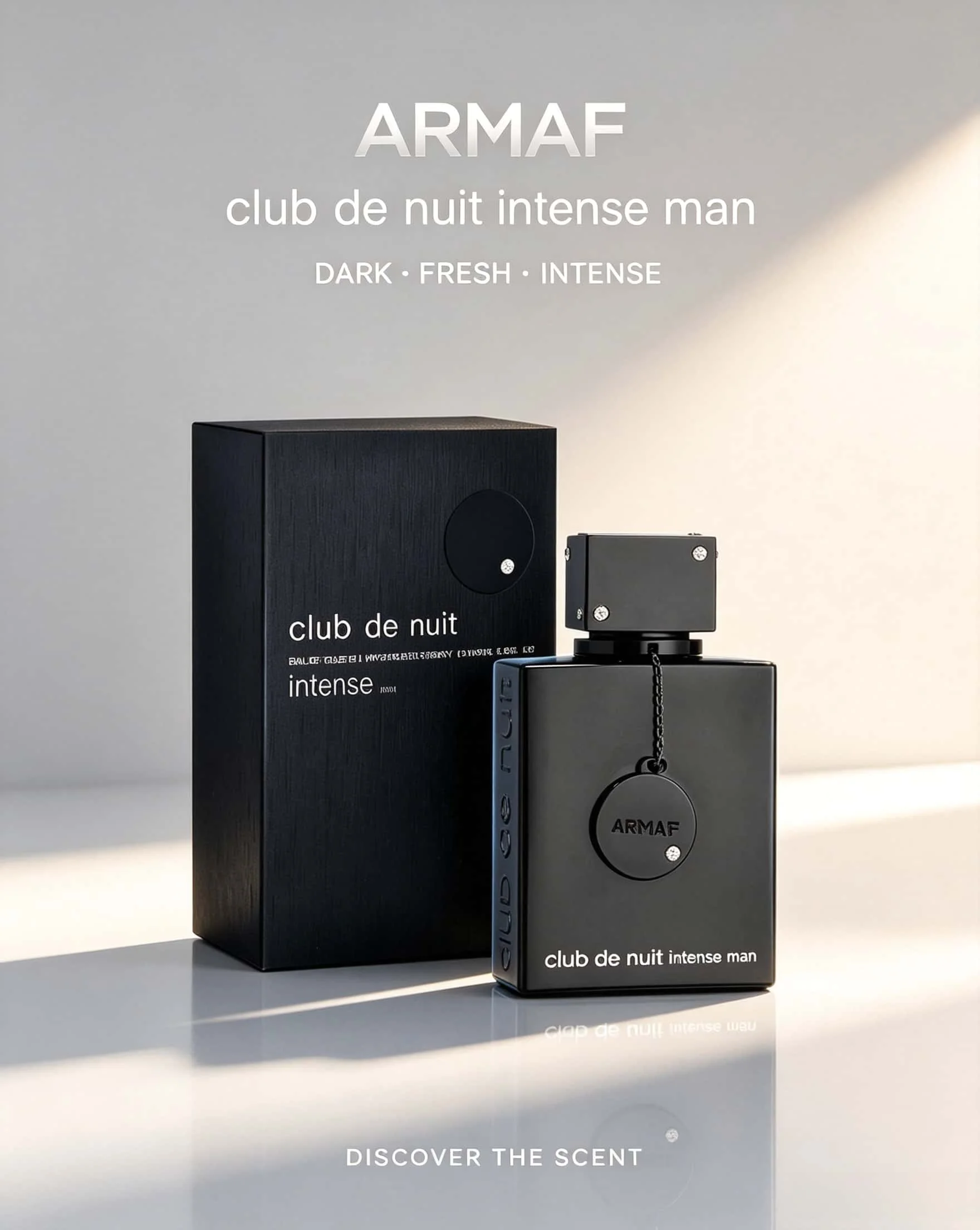 Armaf Club De Nuit Intense Man EDT 100ml Men Perfume, Matte Black Square Textured Bottle With Chain Pendant Ornament, Black Gift Box, Woody Fruity Musky Long‑Lasting Eau De Toilette Spray For Men Dating Party Gift