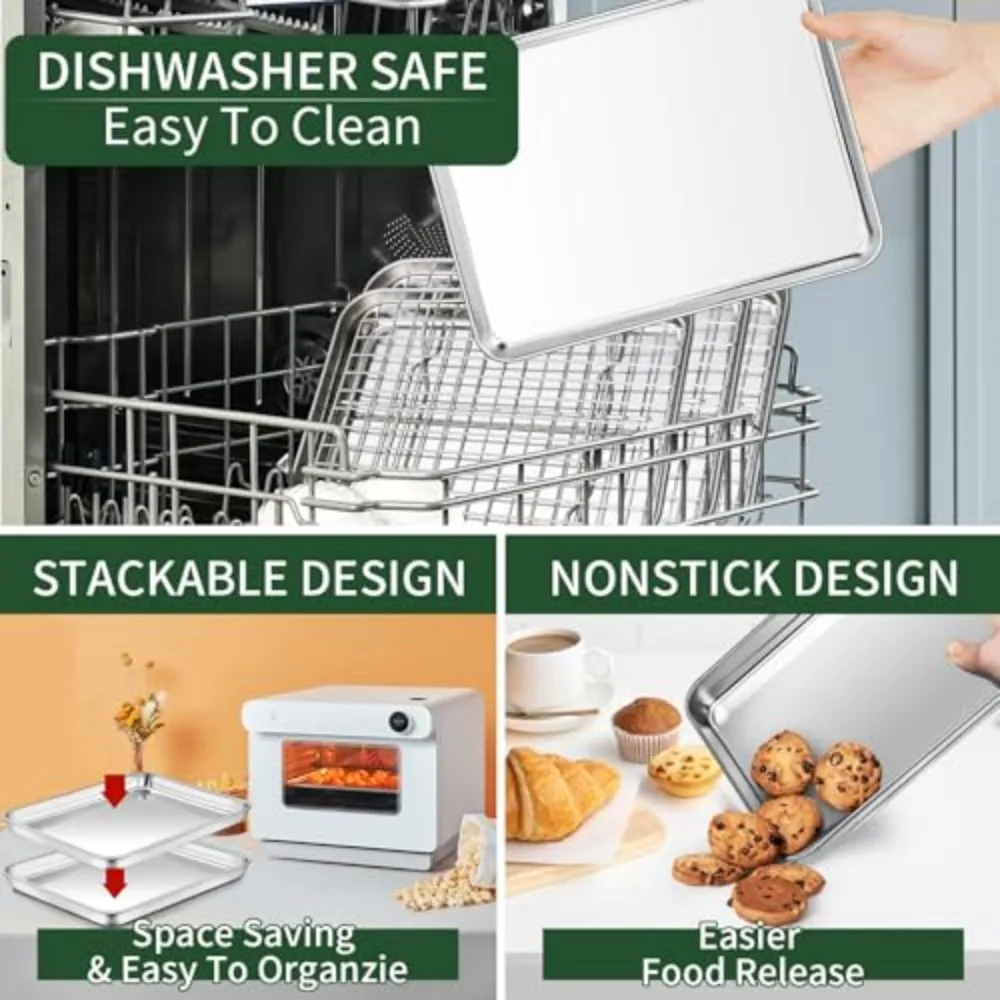 2 Pack Stainless Steel Baking Sheet Set with Cooling Racks Non-Toxic Heavy Duty Easy Clean Cookie Pan Tray for Toaster Oven 16x12x1 Inches