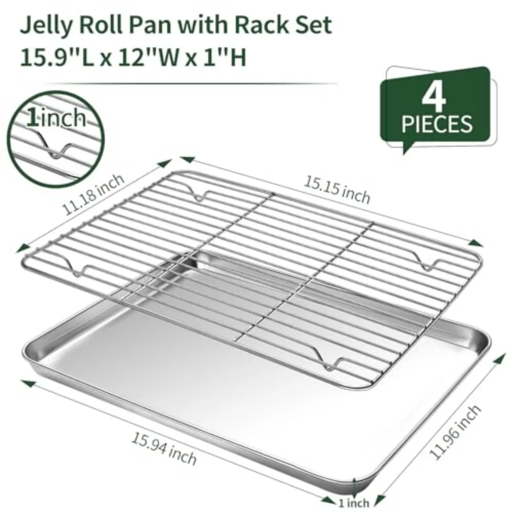 2 Pack Stainless Steel Baking Sheet Set with Cooling Racks Non-Toxic Heavy Duty Easy Clean Cookie Pan Tray for Toaster Oven 16x12x1 Inches