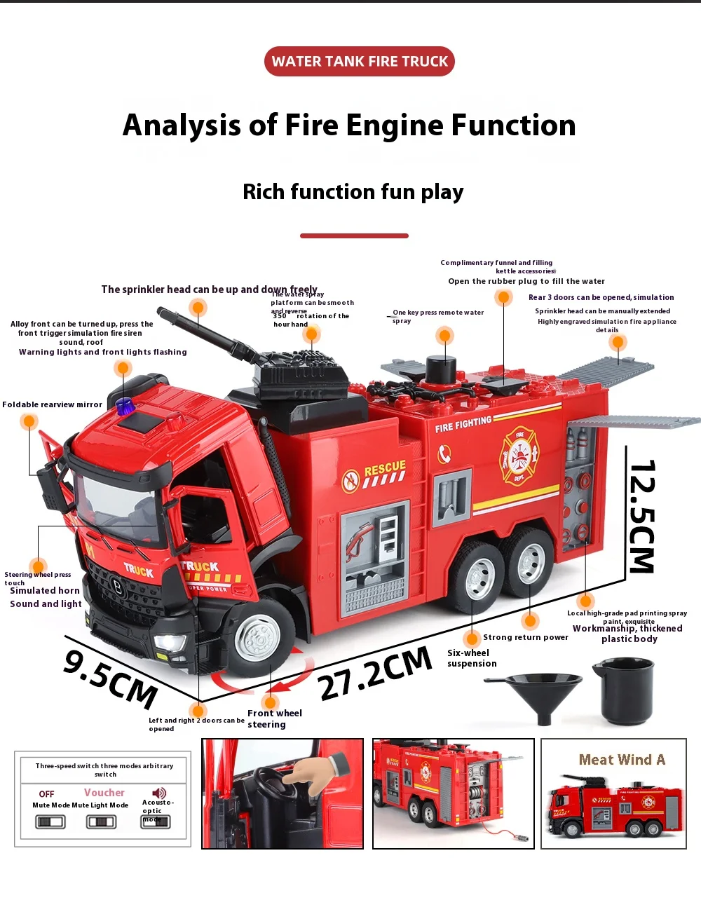 Large Water-Squirt Fire Water Tank Truck Model Metal Die-Cast Front Wheel Steering Children's Toy Car Ornaments Halloween Gift