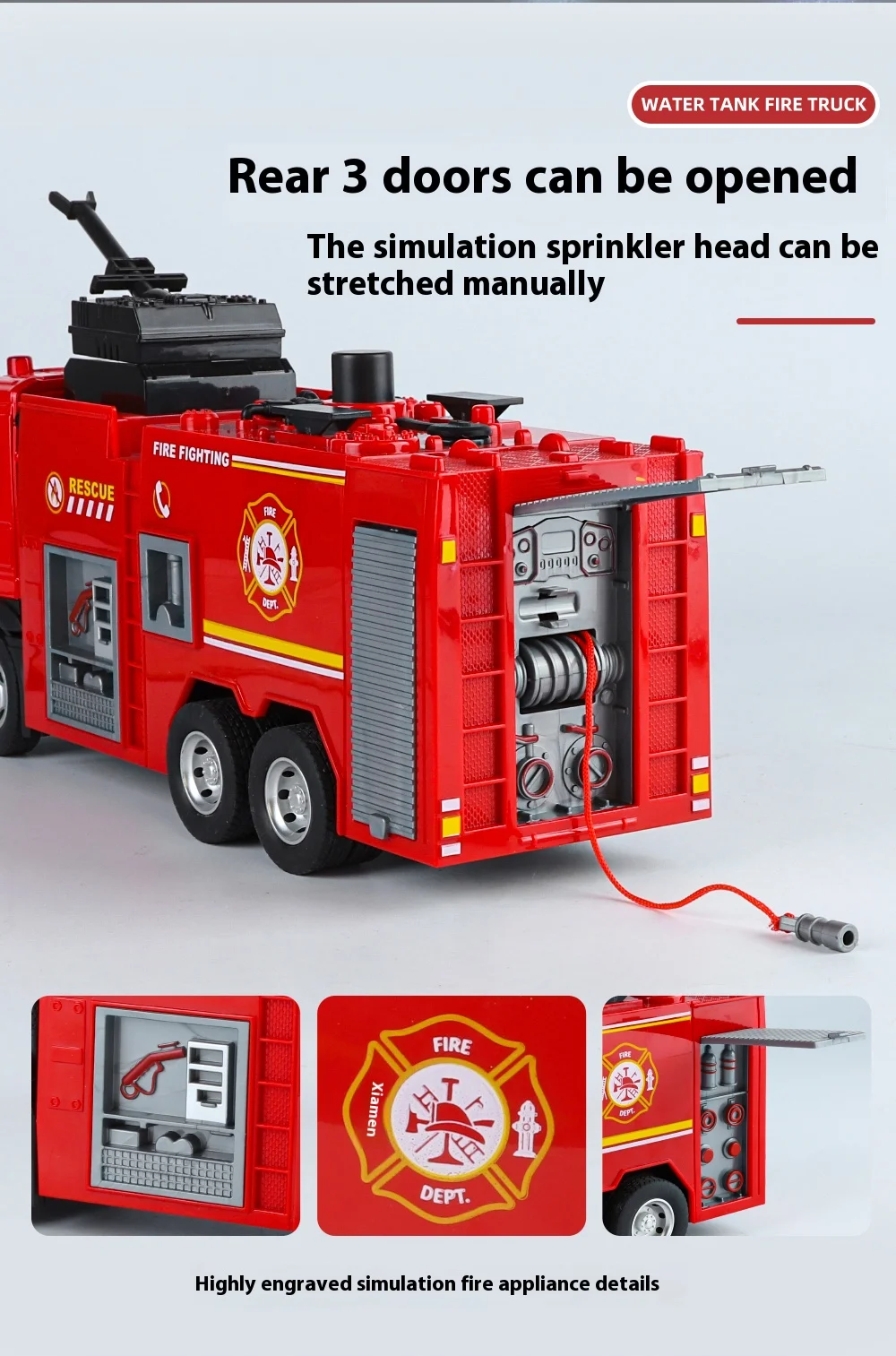 Large Water-Squirt Fire Water Tank Truck Model Metal Die-Cast Front Wheel Steering Children's Toy Car Ornaments Halloween Gift