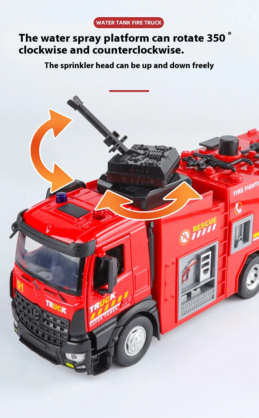 Large Water-Squirt Fire Water Tank Truck Model Metal Die-Cast Front Wheel Steering Children's Toy Car Ornaments Halloween Gift