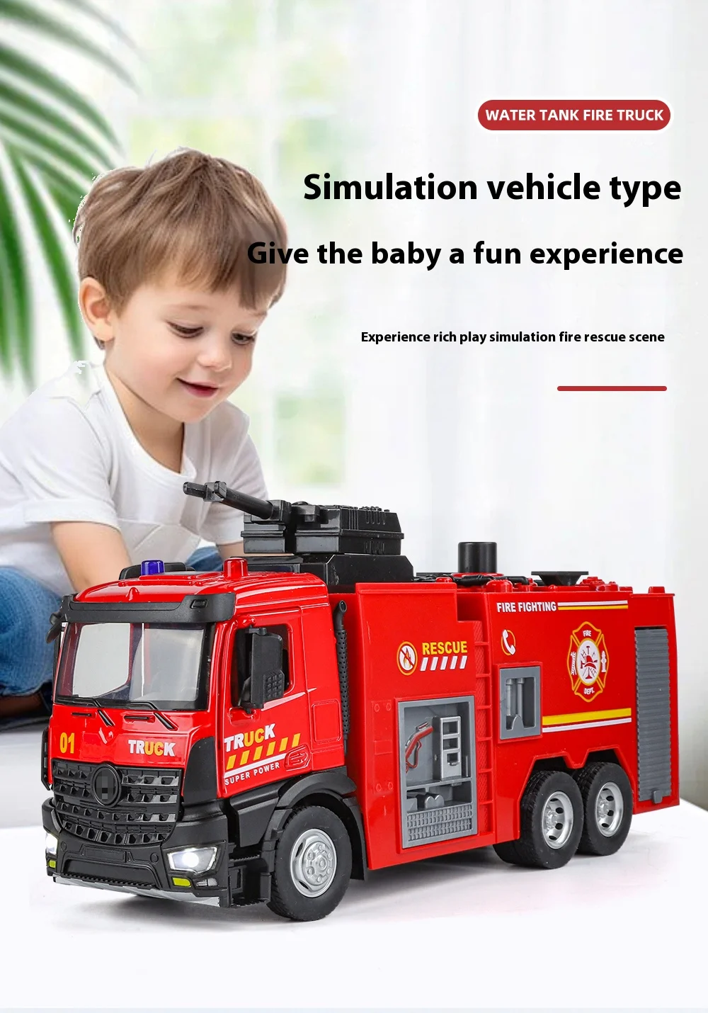 Large Water-Squirt Fire Water Tank Truck Model Metal Die-Cast Front Wheel Steering Children's Toy Car Ornaments Halloween Gift