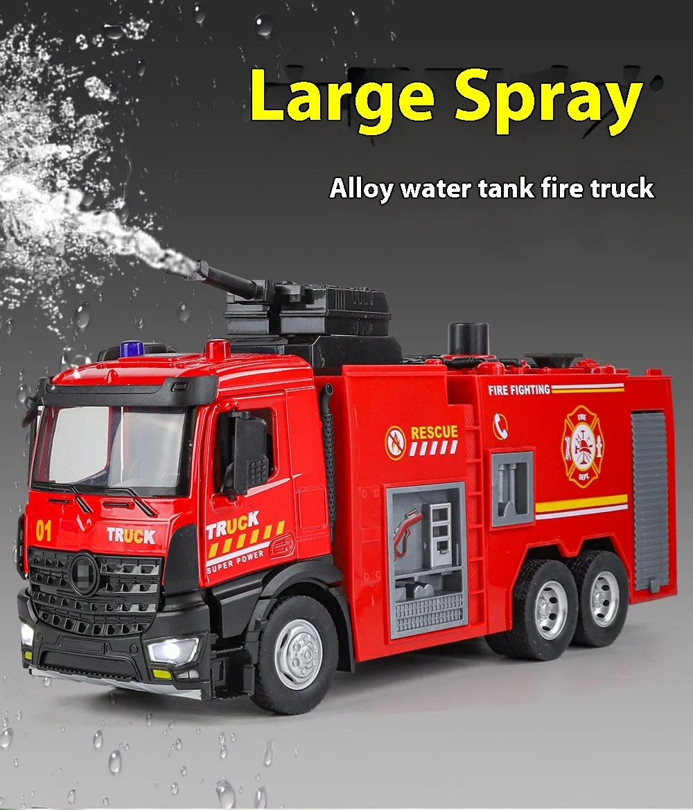 Large Water-Squirt Fire Water Tank Truck Model Metal Die-Cast Front Wheel Steering Children's Toy Car Ornaments Halloween Gift