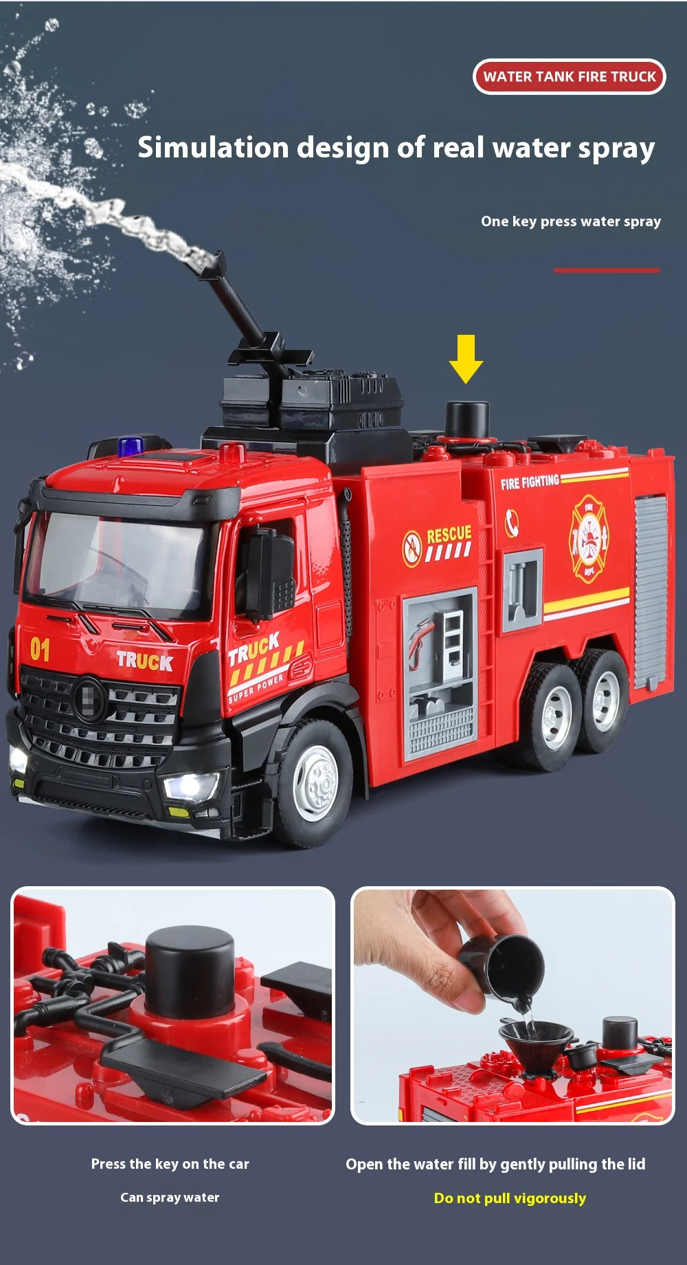 Large Water-Squirt Fire Water Tank Truck Model Metal Die-Cast Front Wheel Steering Children's Toy Car Ornaments Halloween Gift