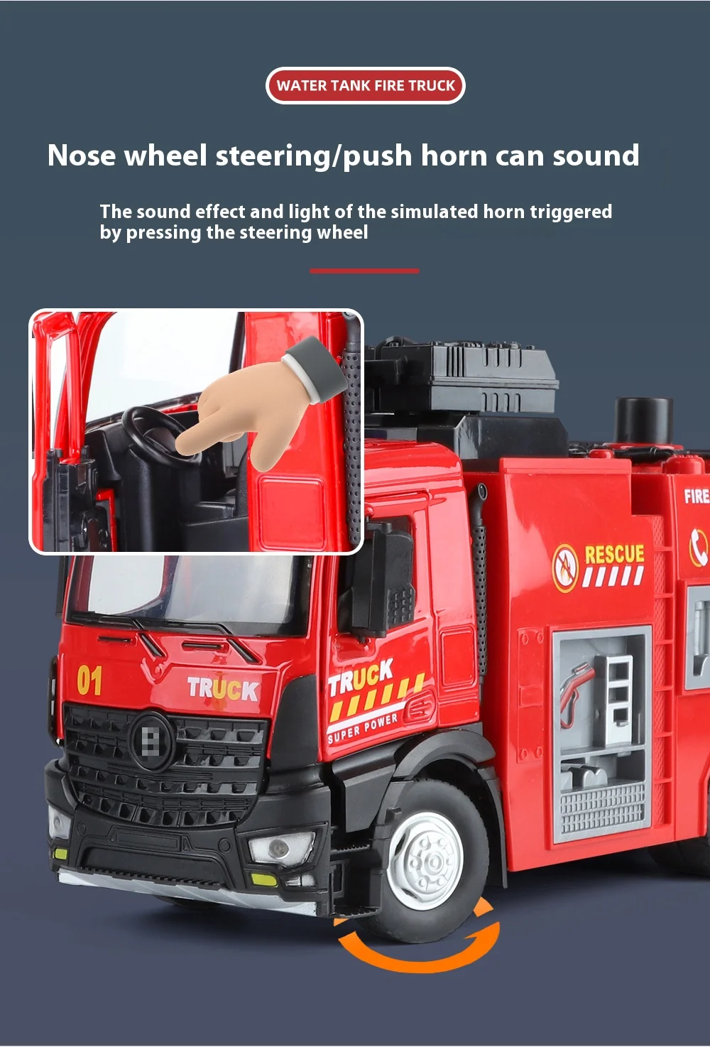Large Water-Squirt Fire Water Tank Truck Model Metal Die-Cast Front Wheel Steering Children's Toy Car Ornaments Halloween Gift