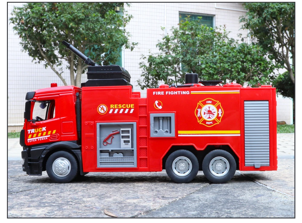 Large Water-Squirt Fire Water Tank Truck Model Metal Die-Cast Front Wheel Steering Children's Toy Car Ornaments Halloween Gift