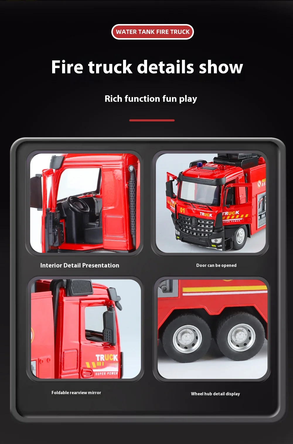 Large Water-Squirt Fire Water Tank Truck Model Metal Die-Cast Front Wheel Steering Children's Toy Car Ornaments Halloween Gift