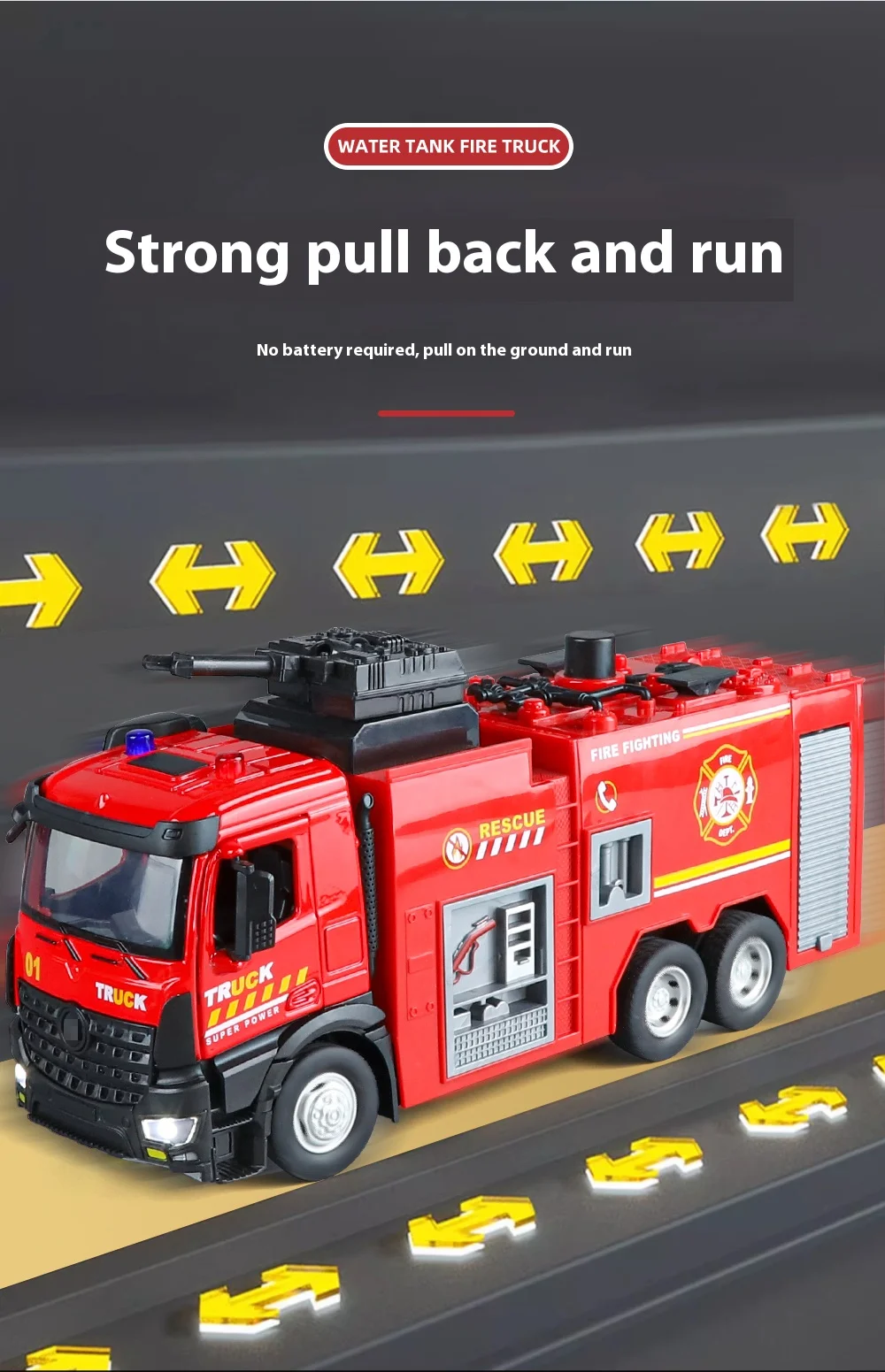 Large Water-Squirt Fire Water Tank Truck Model Metal Die-Cast Front Wheel Steering Children's Toy Car Ornaments Halloween Gift