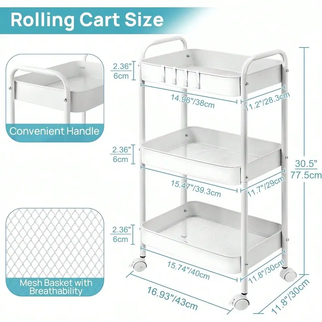 3-Tier Metal Rolling Utility Cart With Handle, Multi-Functional Storage Trolley For Office, Living Room, Kitchen, Movable Storage Organizer With 360° Wheels