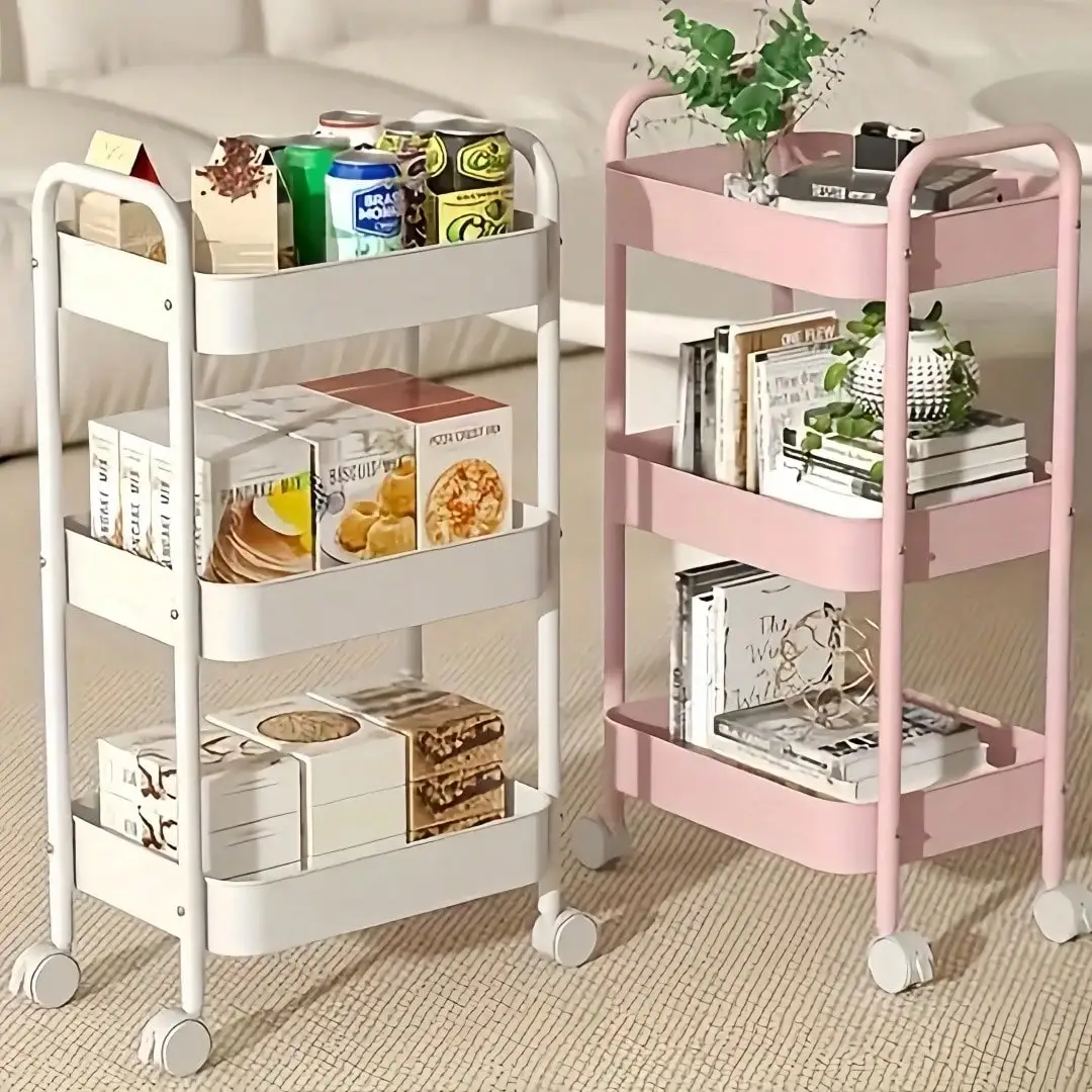 3-Tier Metal Rolling Utility Cart With Handle, Multi-Functional Storage Trolley For Office, Living Room, Kitchen, Movable Storage Organizer With 360° Wheels