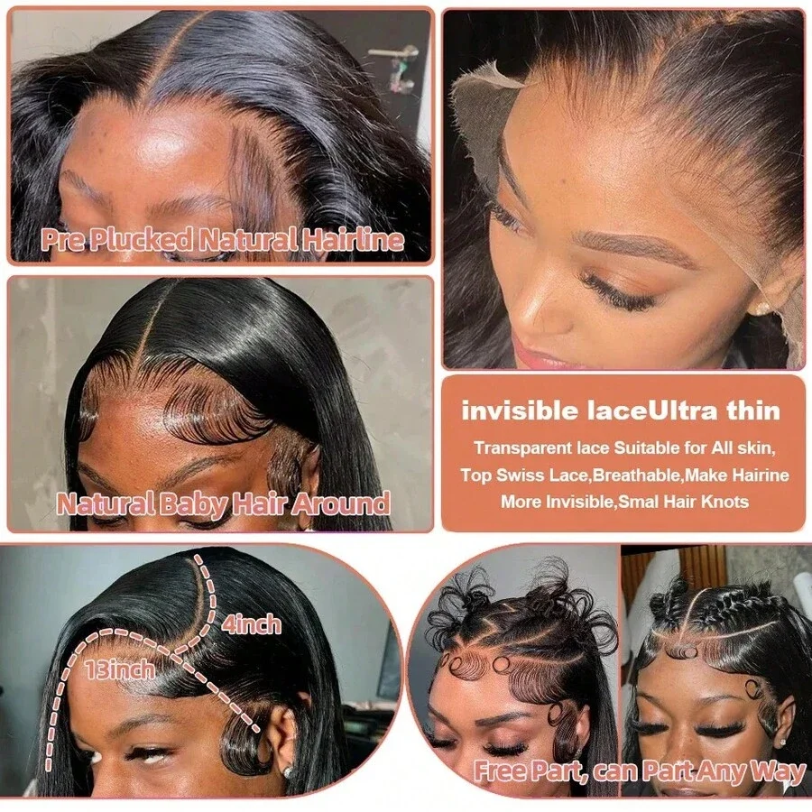 16-42 Inch 13*4 13*6 HD Lace Closure Wigs Put On And Go Bone Straight Glueless Long Virgin Human Hair Wig Brazilian Silk Straight Human Hair Wig 250% Density Pre Plucked Pre Cut Beginners Friendly No Glue 3s Wear And Go For Beginners Valentine's Day