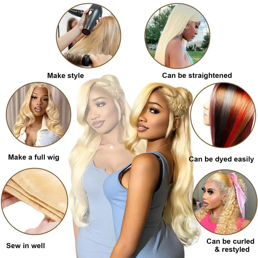 Blonde Bundles Human Hair 30 32 34 36 38 Inch Long Brazilian Raw Weave Bundles 613 Body Wave 1/3/4 Bundles Deals 100% Real Human Hair Extensions for Women Easy To Dye
