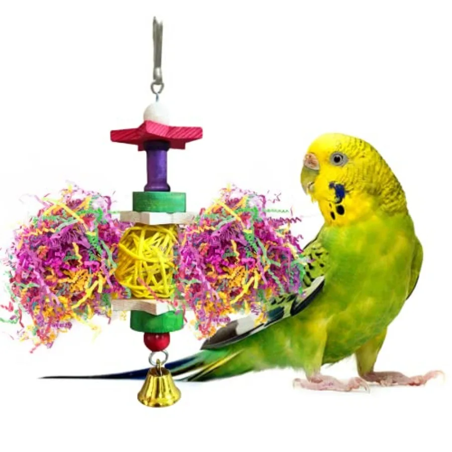 Parakeet Toy for Small and Medium Parrots, Cockatiels, Lovebirds and Finches: Brightly Colored Hanging Toy Made of Rattan, Wood