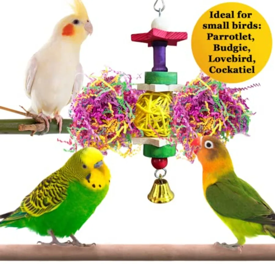 Parakeet Toy for Small and Medium Parrots, Cockatiels, Lovebirds and Finches: Brightly Colored Hanging Toy Made of Rattan, Wood