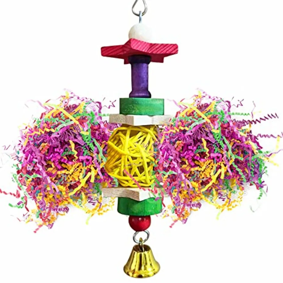 Parakeet Toy for Small and Medium Parrots, Cockatiels, Lovebirds and Finches: Brightly Colored Hanging Toy Made of Rattan, Wood
