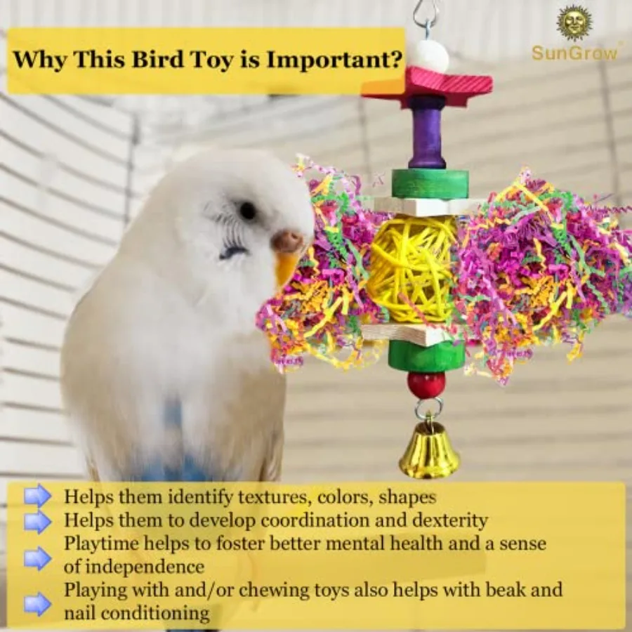 Parakeet Toy for Small and Medium Parrots, Cockatiels, Lovebirds and Finches: Brightly Colored Hanging Toy Made of Rattan, Wood