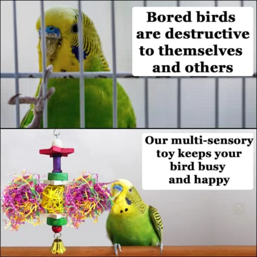 Parakeet Toy for Small and Medium Parrots, Cockatiels, Lovebirds and Finches: Brightly Colored Hanging Toy Made of Rattan, Wood