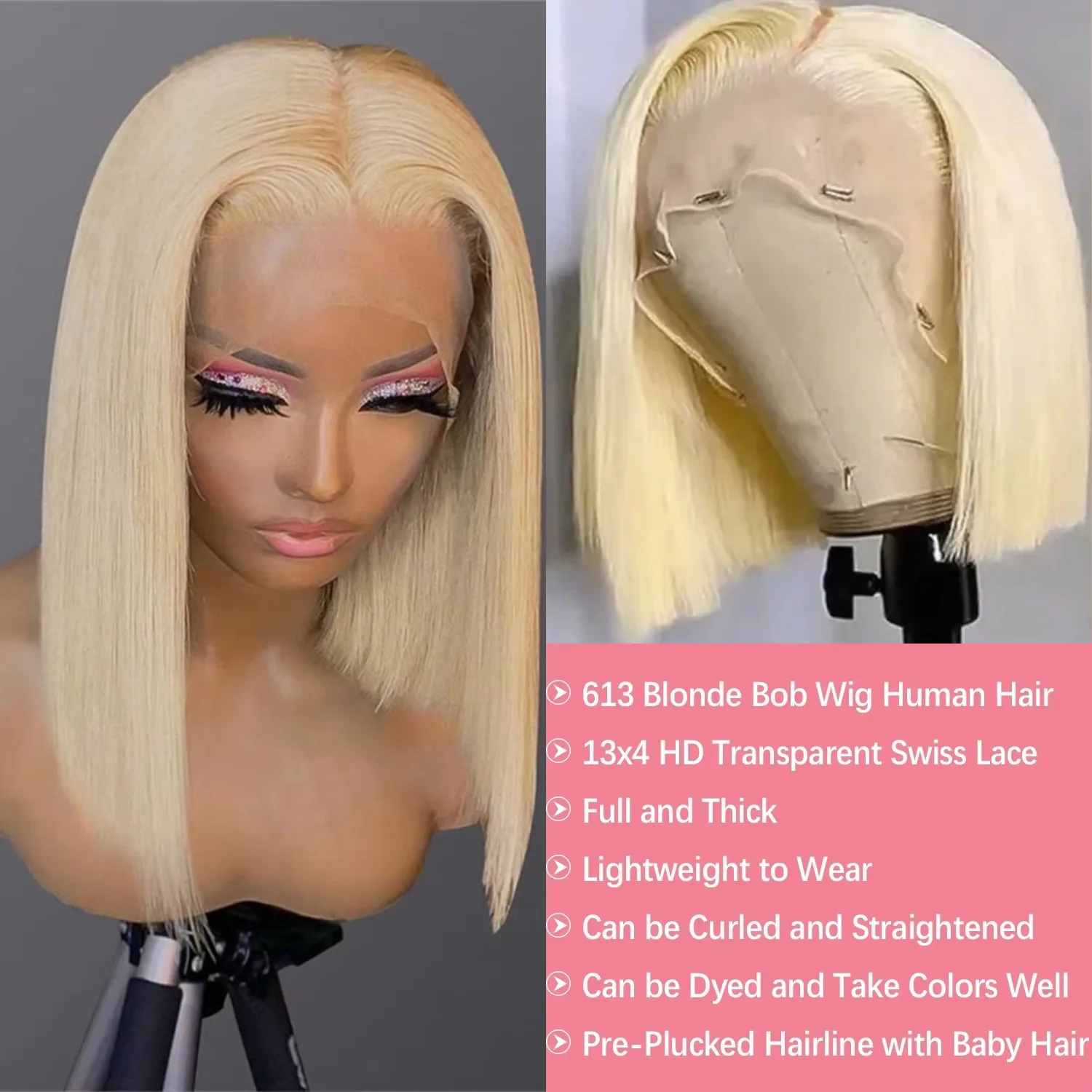 613 Transparent Lace Front Wig Short Bob Wigs 613 Blonde 13x4 13x6 HD Lace Front Human Hair Wig Brazilian Bone Straight Human Hair Bob Wig Pre Plucked with Baby Hair