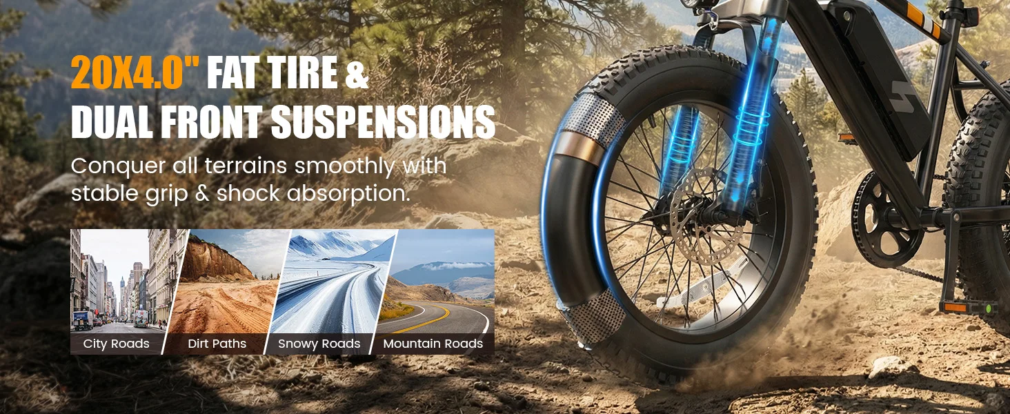 Hopepeak F10 Fat Tire Electric Bike for Adults, 20"×4.0" Fat Tire Electric Mountain Bike, Peak 1200W 48V 10.4Ah,  28MPH 55 Miles  Electric Bicycle, 7-Speed