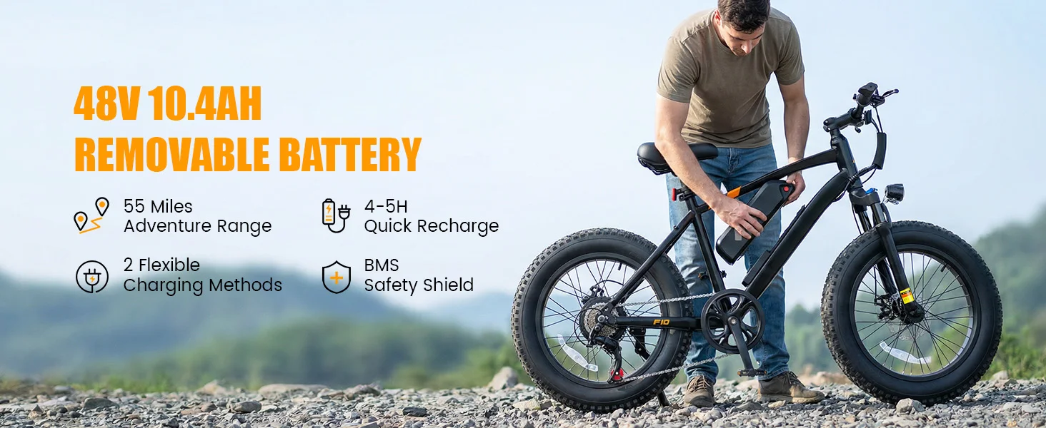 Hopepeak F10 Fat Tire Electric Bike for Adults, 20"×4.0" Fat Tire Electric Mountain Bike, Peak 1200W 48V 10.4Ah,  28MPH 55 Miles  Electric Bicycle, 7-Speed